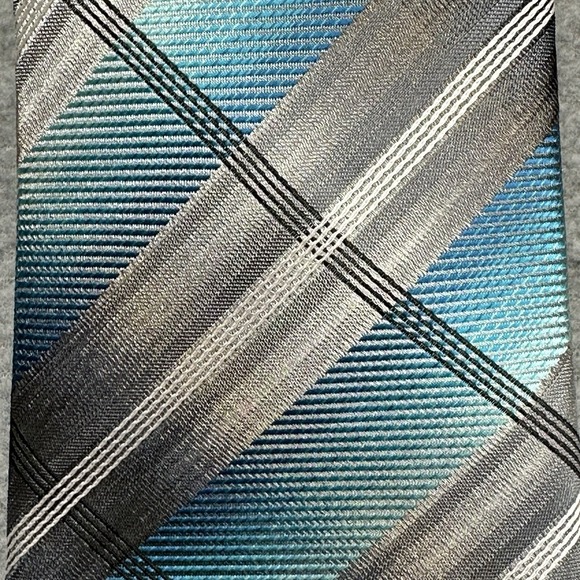 John Ashford Mens Tie Teal Gray Plaid Washable Polyester Stain Resistant - Picture 3 of 10